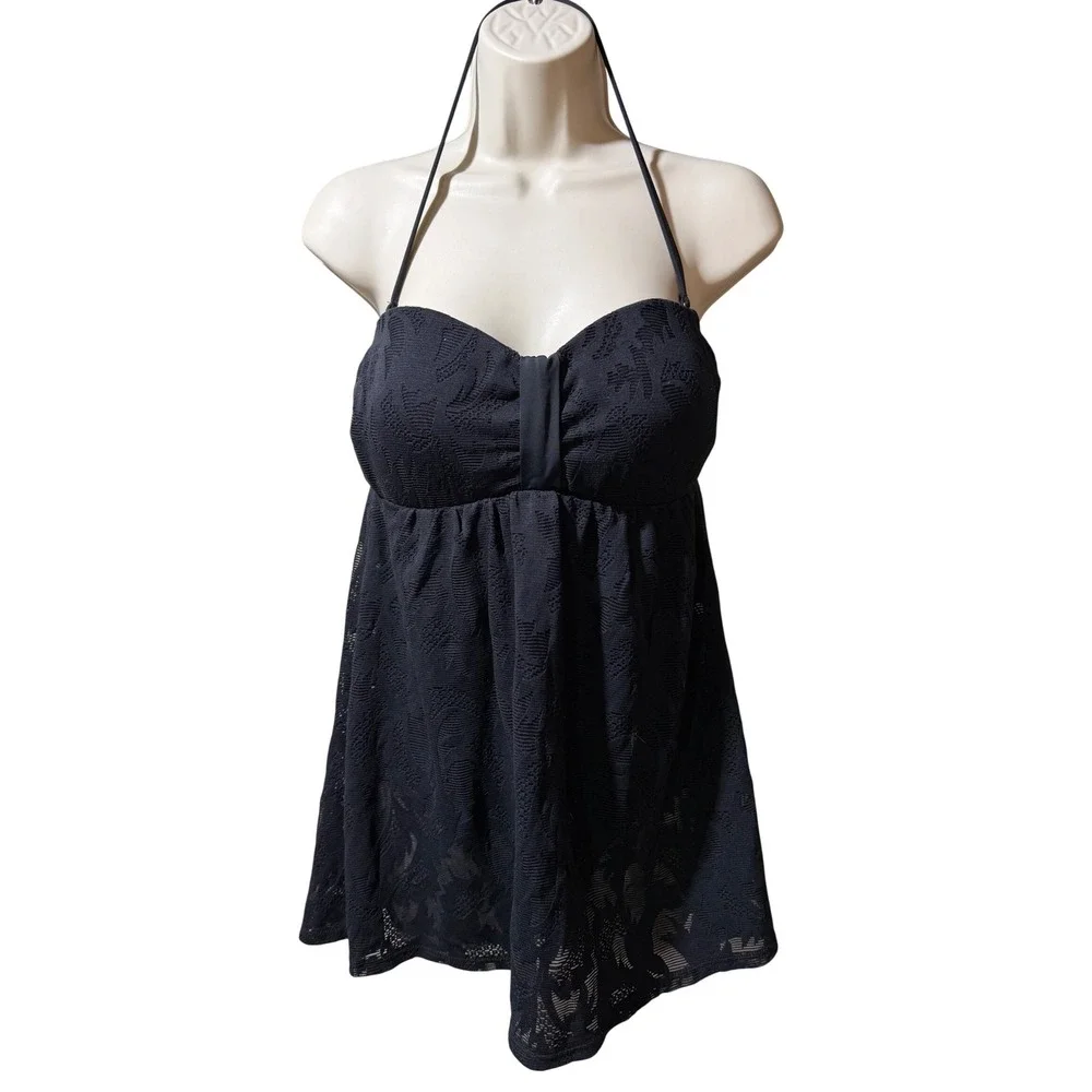 Athena Black Floral Burnout‎ Lace Halter Swim Dress One Piece Swimsuit AT65547 M